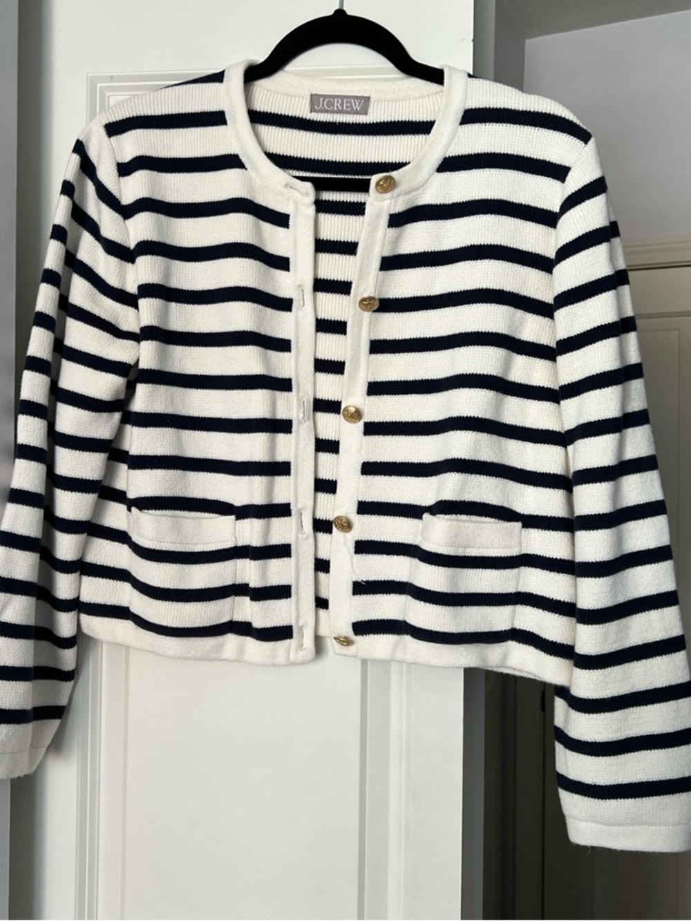 J. Crew Emilie sweater lady jacket. Cream and Navy Striped Knit Top